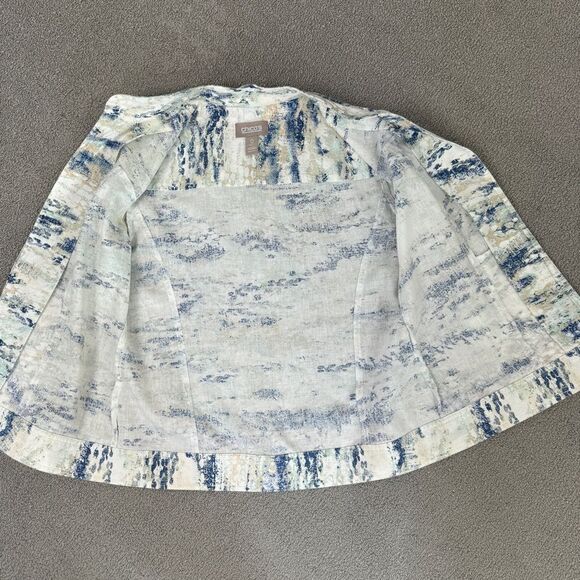 Chico’s Watercolor Linen Blend Open Front Topper Jacket White Blue Small - Picture 12 of 14